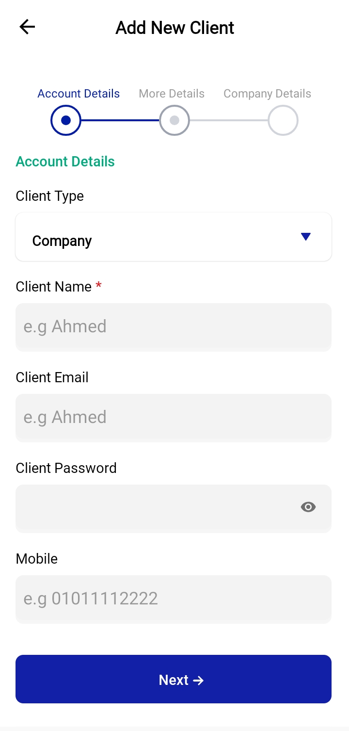 Add New Client Screen